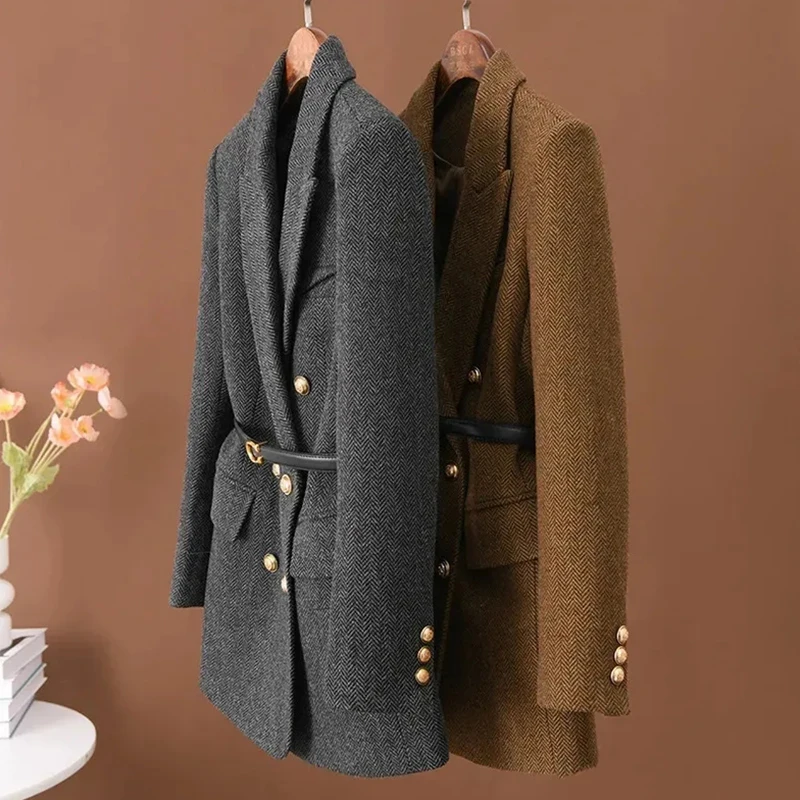 Women's Autumn Winter Long Sleeve Suit Jacket High Grade Woolen Double Breasted Elegant Fashionable Midi Length Polyester Fiber
