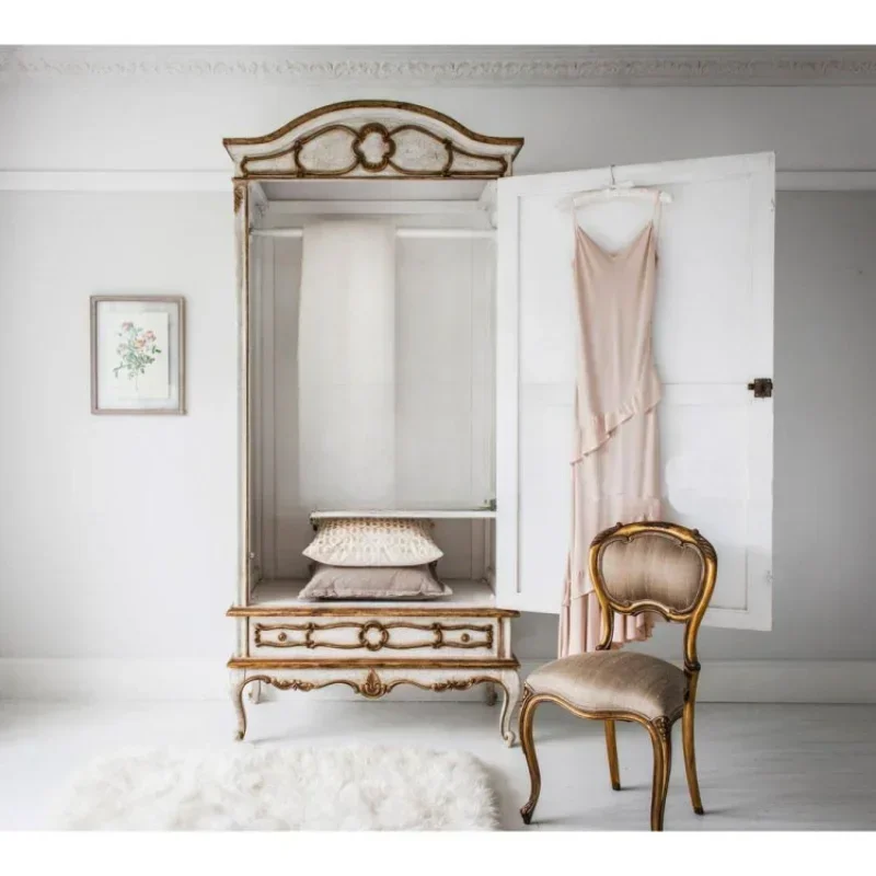 

French Country Armoire with Mirror: White Solid Wood Wardrobe Featuring Floral Carvings, Spacious Storage & Three-Way Reflection