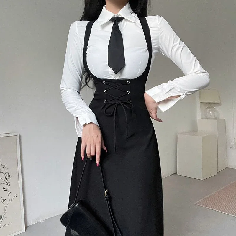 Hikigawa Chic Fashion Long Sleeve Women Blouse +Slim All Match Bandage Slim Waist Tunic Dresses Spring New 2 Set Ropa Mujer