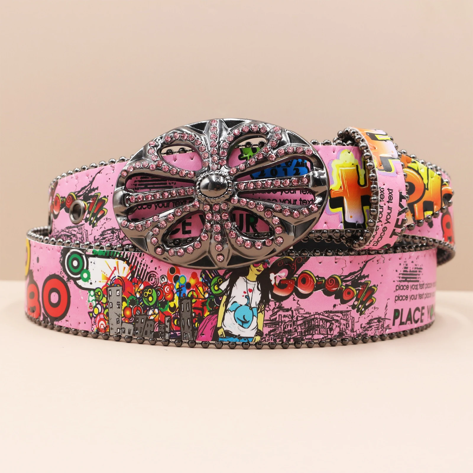 Glamorous Bohemia Print Belt for Women Punk Personalized graffiti Buckle PU Belt y2k Hip Hop Western Cowboy Cowgirl Waistband
