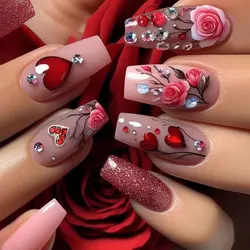 Love Heart Press On Nails Rose False Nails with Rhinestones Design Wearable Fake Nails For Valentine'S Day Press On Nails Set