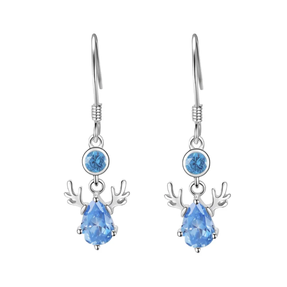 

925 Sterling Silver Earrings Antler Blue Water Drop Zircons Earrings Ladies Fashion Simple Birthday Party Wedding Jewelry Gift