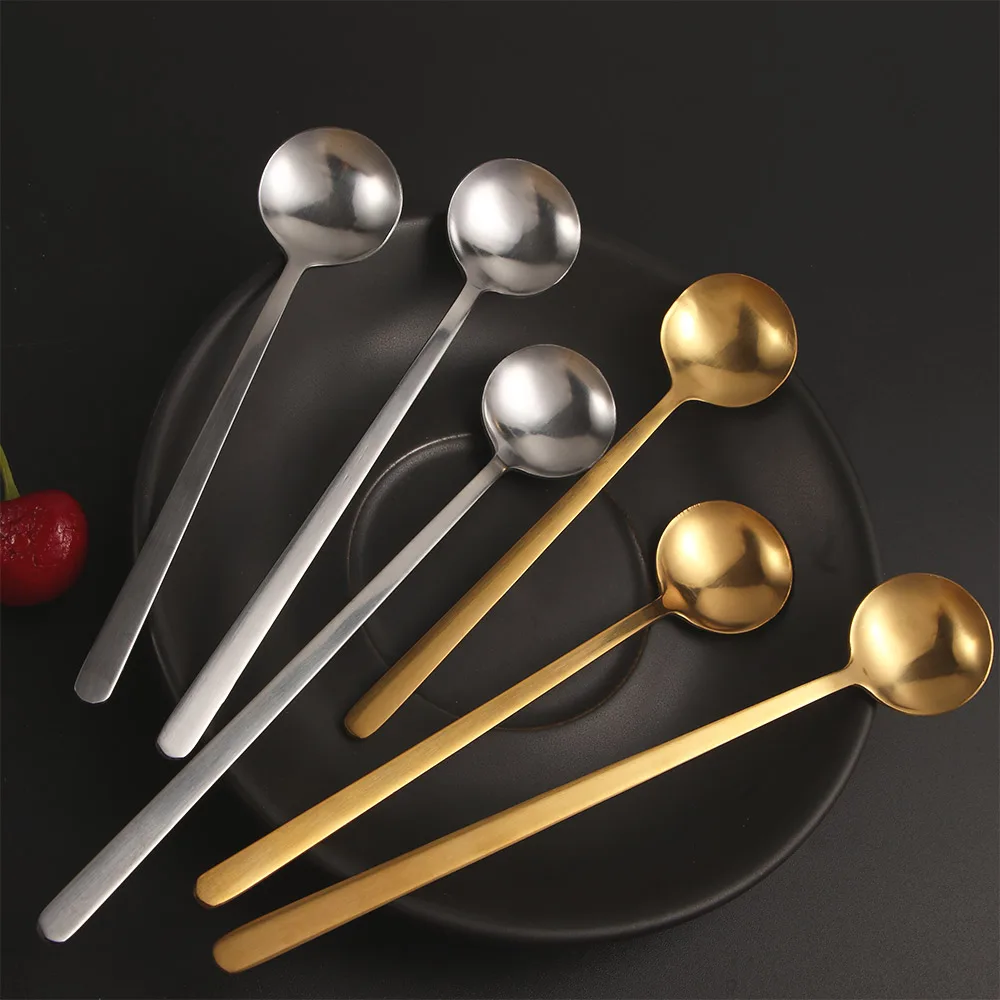 Creative Gold Silver Stainless Steel Round Head Spoon Long Handle Coffee Stirring Spoon Teaspoon Ice Cream Scoop Bar Accessories