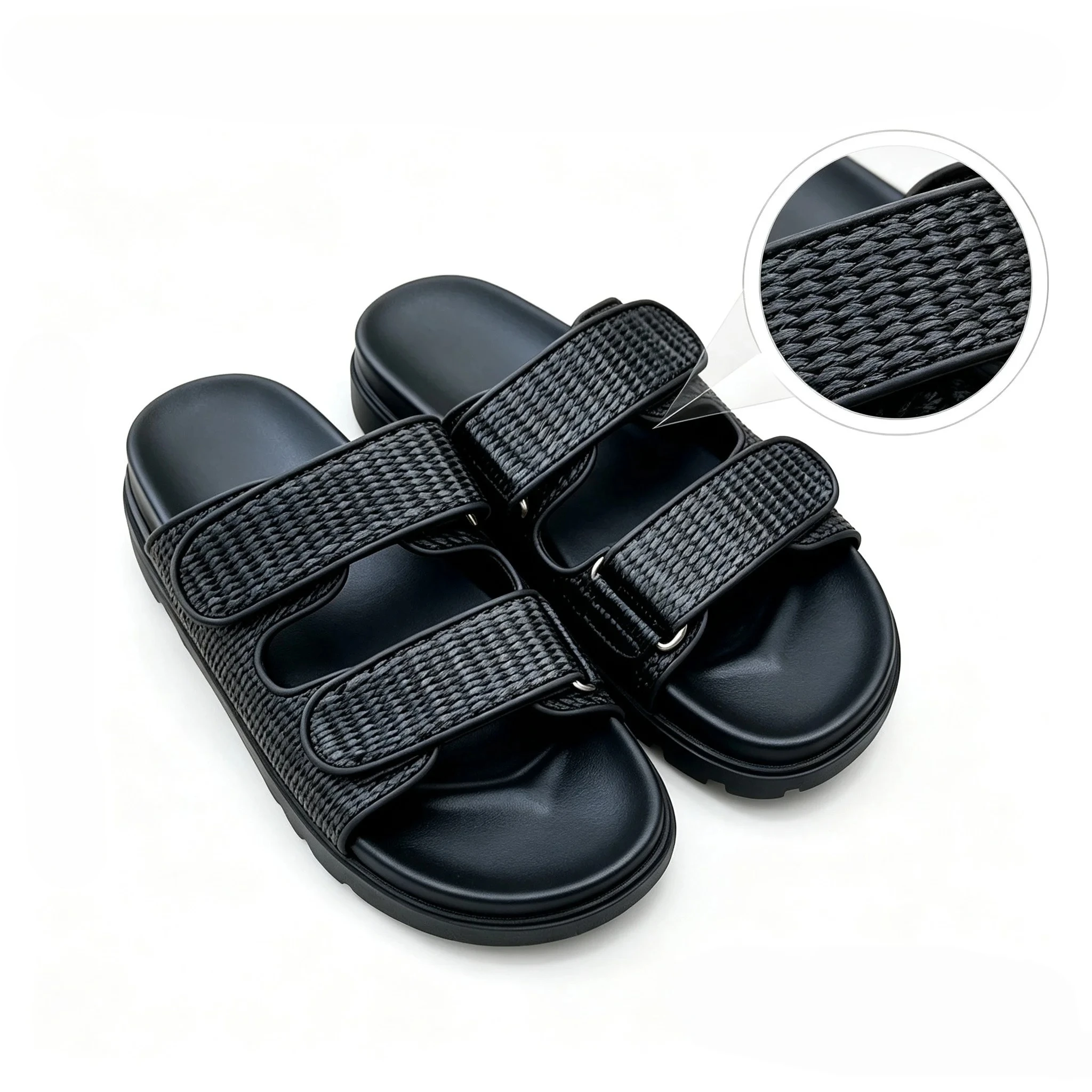 Luxury Women's Sandals, Double Velcro Platform Raffia Flat Slippers, Versatile Commuter Shoes, Brand Discount 5XZ480