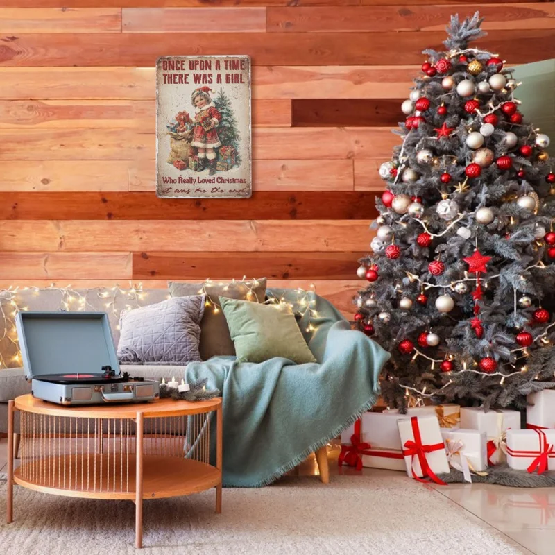 Vrolijk kerstfeest, ijzeren bord. Er was eens, er een dame die echt van kerstwanddecoraties en ijzeren schilderijen hield