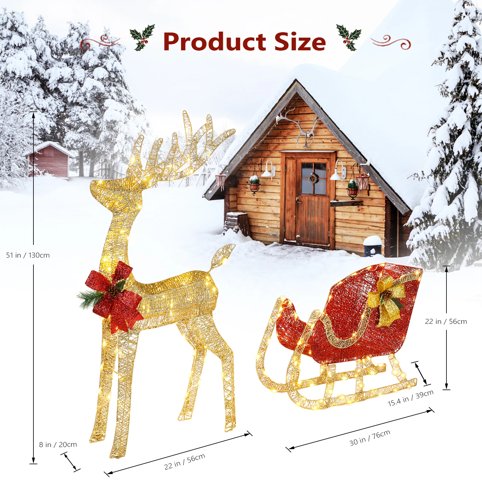 Golden Elk Deer Sled Iron Frame Cotton Thread Green Onion Powder Courtyard Elk Decoration