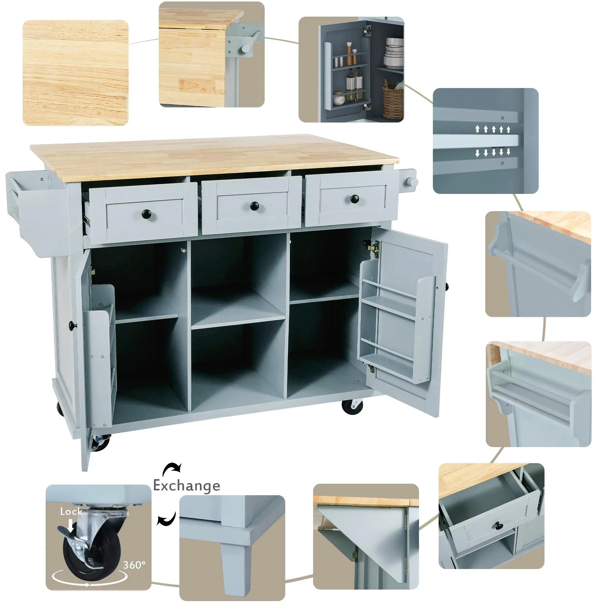 

Grey Blue Kitchen Cart with Rubber Wood Drop-Leaf Top, Storage Cabinet & 3 Drawers on 5 Wheels - Perfect for Dining Rooms!