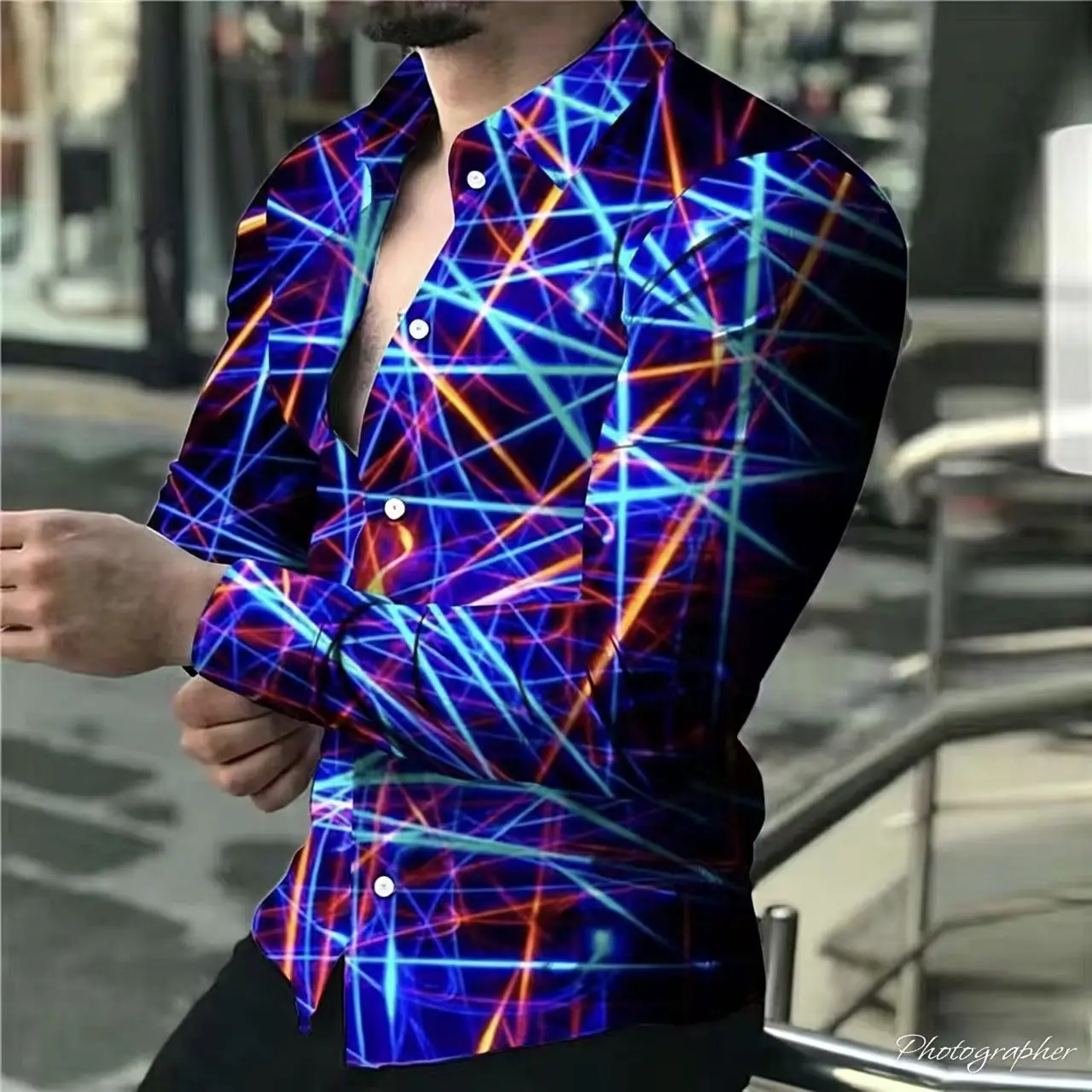 Men's 3D printed long sleeved shirt, cross color, geometric stripes, casual, comfortable, high-quality material, 2026 new model