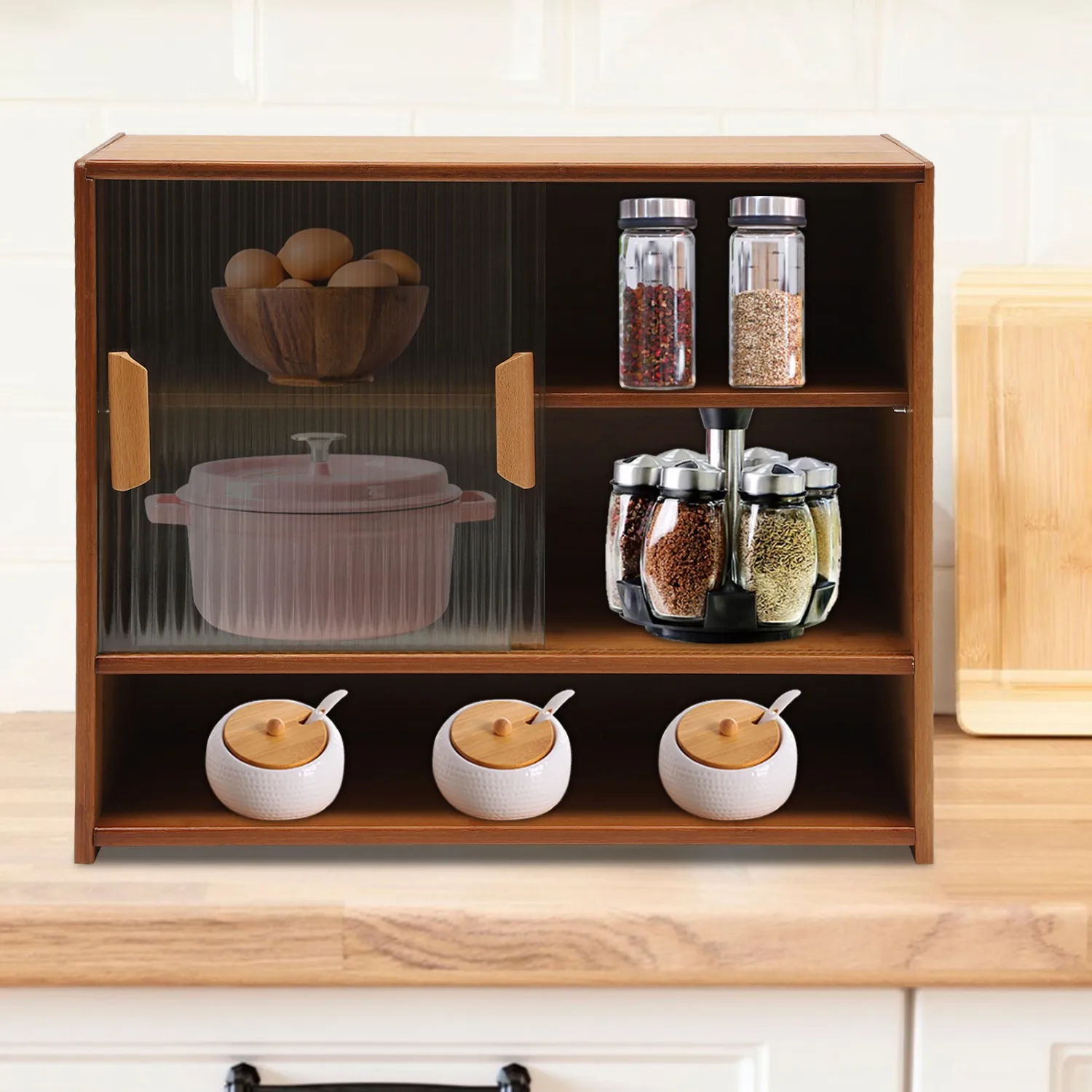 Pantry Sideboard High Quality Bamboo Glass Laminated Board Three Shelves Two Way Sliding Doors Ample Storage High Stability