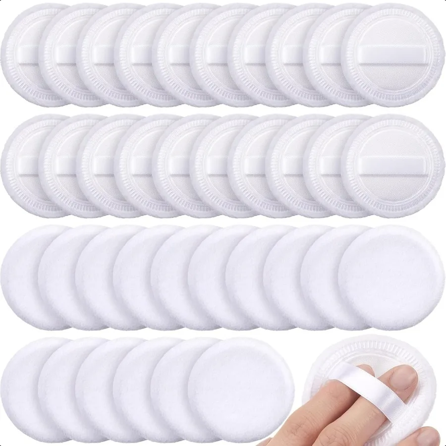 40 stuks katoenen poederdonsjes bulk wasbaar 2,36 inch ronde make-up afstoffen poederdons met lint voor gezicht lichaam cosmetisch wit