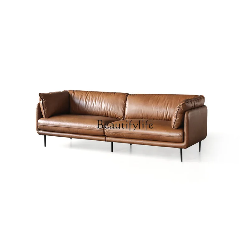 

Retro oil wax leather sofa Italian minimalist small apartment living room leather sofa customization