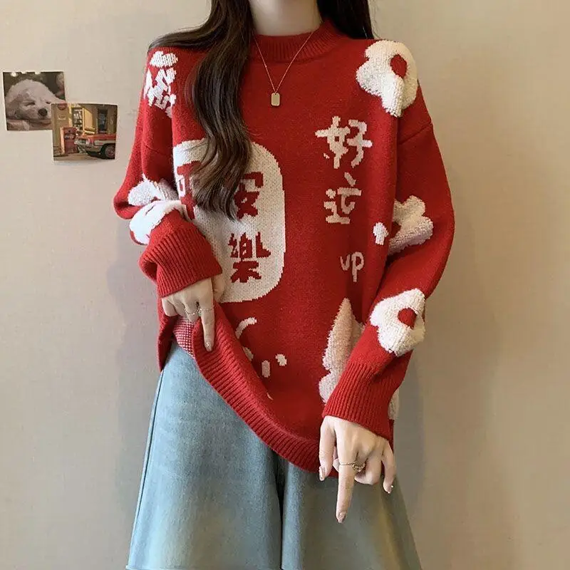 

Sweater Knitwear Women's Christmas New Year Red Sweater Women Autumn Winter Plus Size Beautiful Top Jacquard Knitwear For