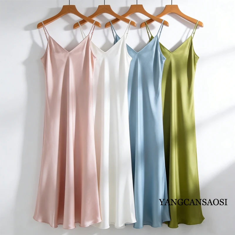 2026 Moda donna Nuovo 21MM 100% seta di gelso naturale pianura raso esteso francese sexy tracolla regolabile abito solido
