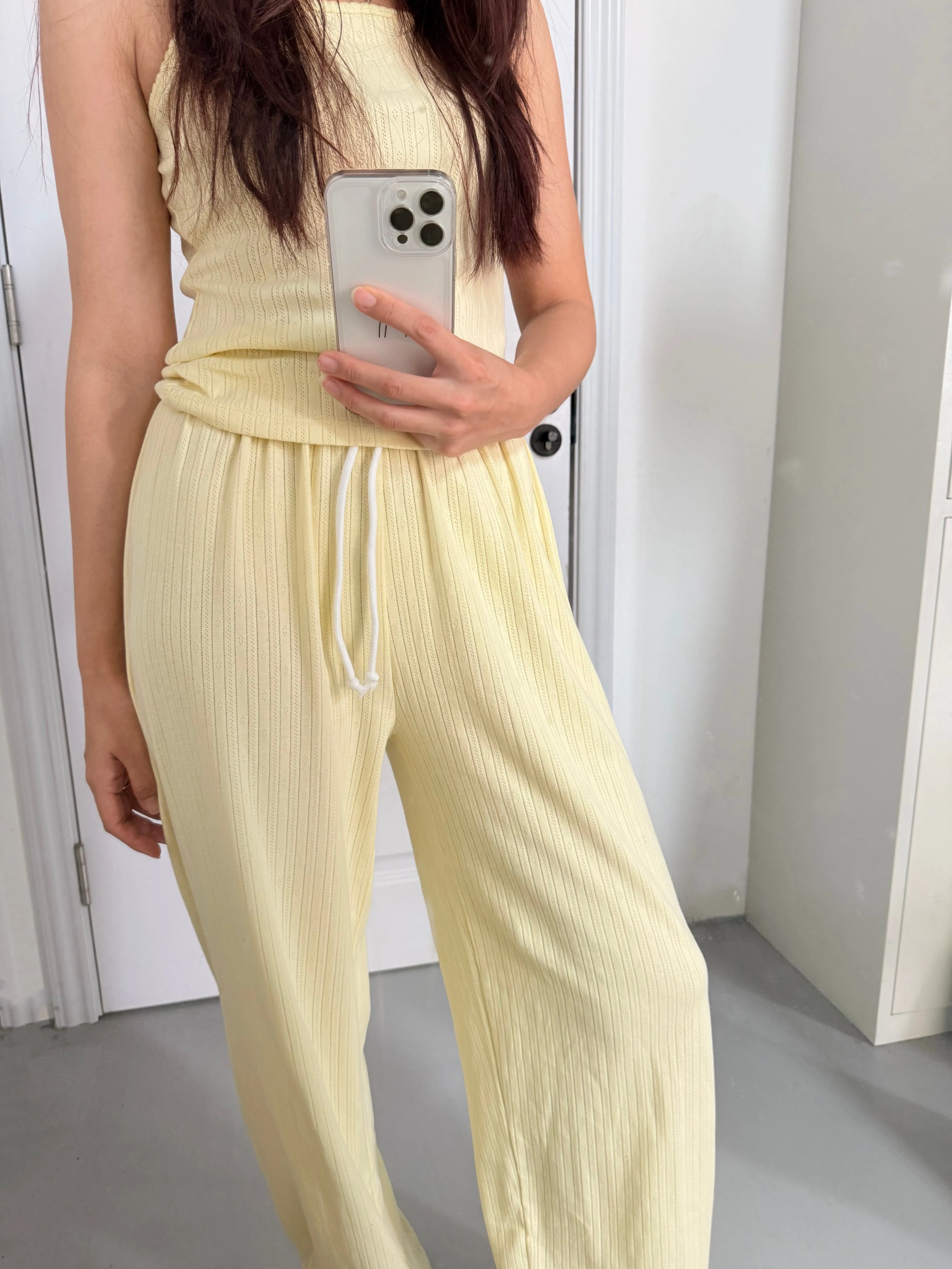 

Butter Yellow Eyelet 2 Pieces Sets Women New Cotton Soft Lace Trim Slim Tank Tops+Drawstring Home Long Pant Sweet Pajama Outfits