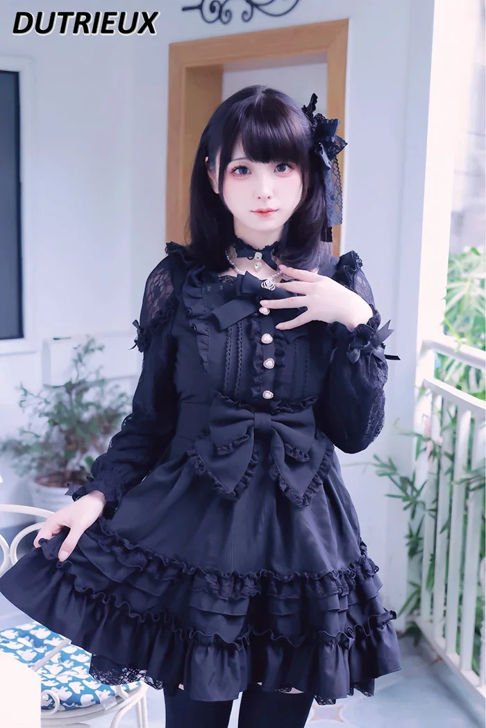 Japanese Style Spring Autumn Women\'s Long Sleeve Dresses 2024 New Girl Sweet and Cute Bow Elegant Casual Lolita Dress for Lady