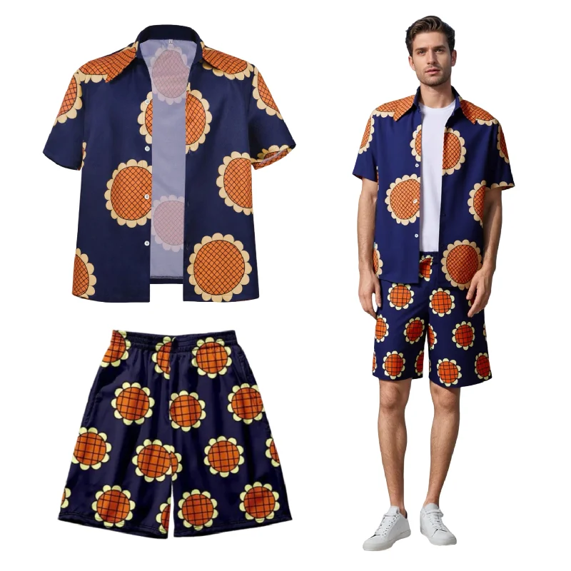 

Mens Dark Blue Sunflower Print Shirt and Shorts Set Summer Suit Casual Loose Fit Short Sleeve Button Up Top with Pants Clothes