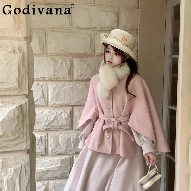 

Изящная нежная розовая шерстяная накидка из сплава, женское осенне-зимнее милое пончо, куртки Лолиты в японском стиле, пальто для женщин