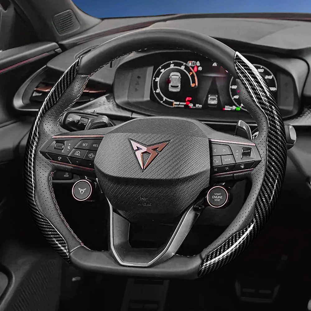 

Suitable for Cupra Carbon Fiber Texture Steering Wheel Cover with Segmented Quick-Release Design, Durable, Formentor Leon Sportstourer Born Ateca Tavascan Terramar and Other Models in Black, Blue, and Red.