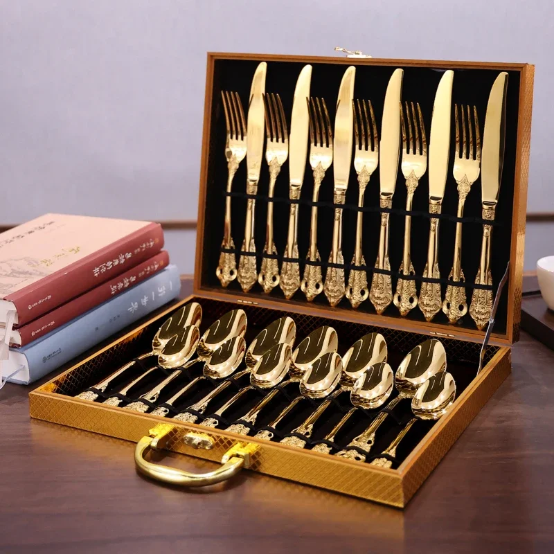 Stainless Steel Relievo Tableware Set, Banquet Western Tableware, Golden Gift Box, Retro Knife, Fork, Spoon, 24 Pcs