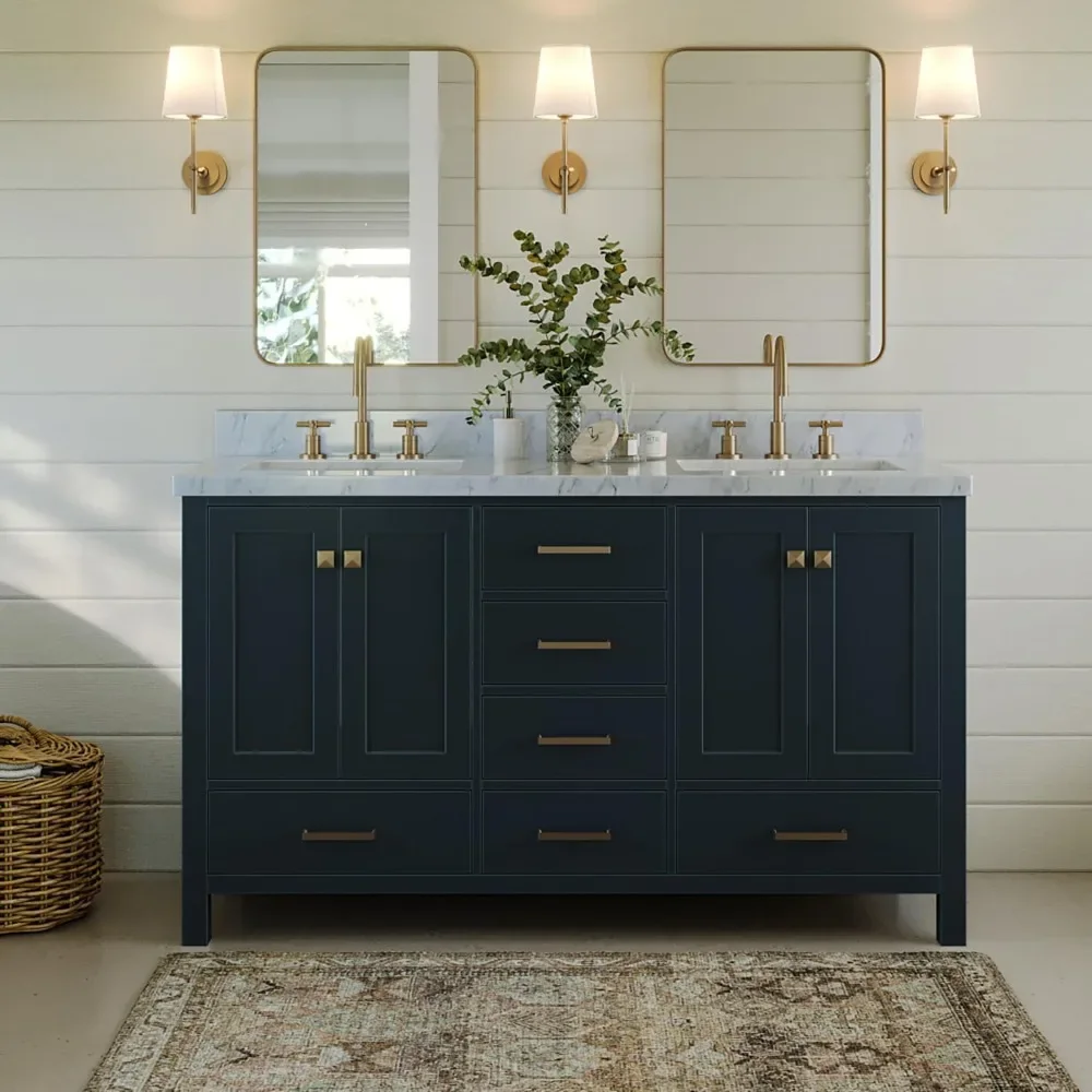 

#For Double Bathroom Vanity with Edge Italian Carrara Marble Countertop & Splash, Rectangular Sinks,Closing Doors&