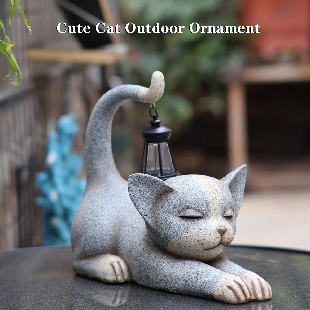 Statue de Chat avec Lanterne Solaire Imperméable en Résine, Figurine de Chaton, Décorations pour Pelouse Extérieure