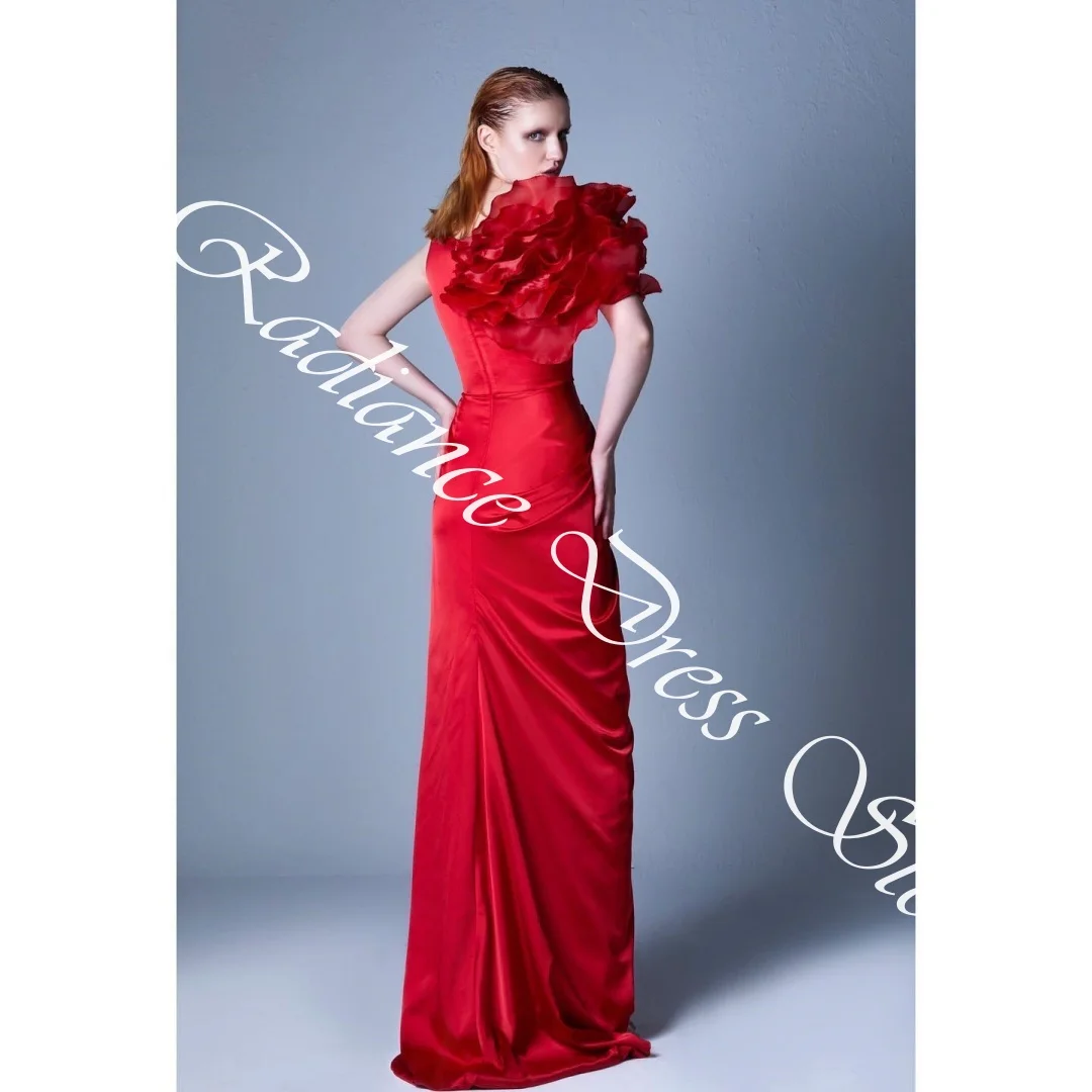 فساتين سهرة رائعة مخصصة من الساتان مستقيمة بكتف واحد وكشكشة ورقبة دائرية وأكمام قصيرة وسحاب خلفي Tra #4