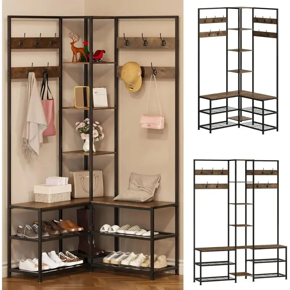 

Hall Tree with Shoe Rack Storage Bench Display Open Shelves ern Industrial Entryway Coat Rack Stand or Home Living Room Mudroom