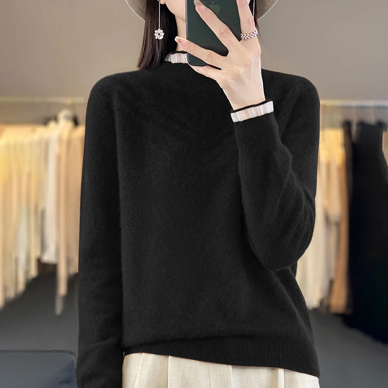 Pulôver feminino de malha com gola meia alta, suéter 100% de lã merino, malha, borda de madeira, malha casual engrossada, outono, inverno