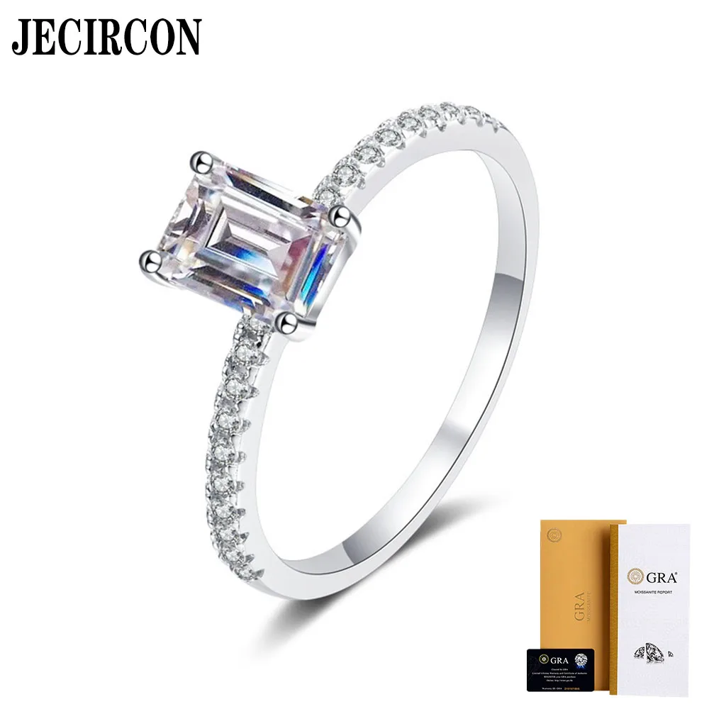 

JECIRCON S925 Sterling Silver Ring for Women Classic 4-Prong Emerald Radiant Cut 1ct Rectangle Moissanite Diamond Wedding Band