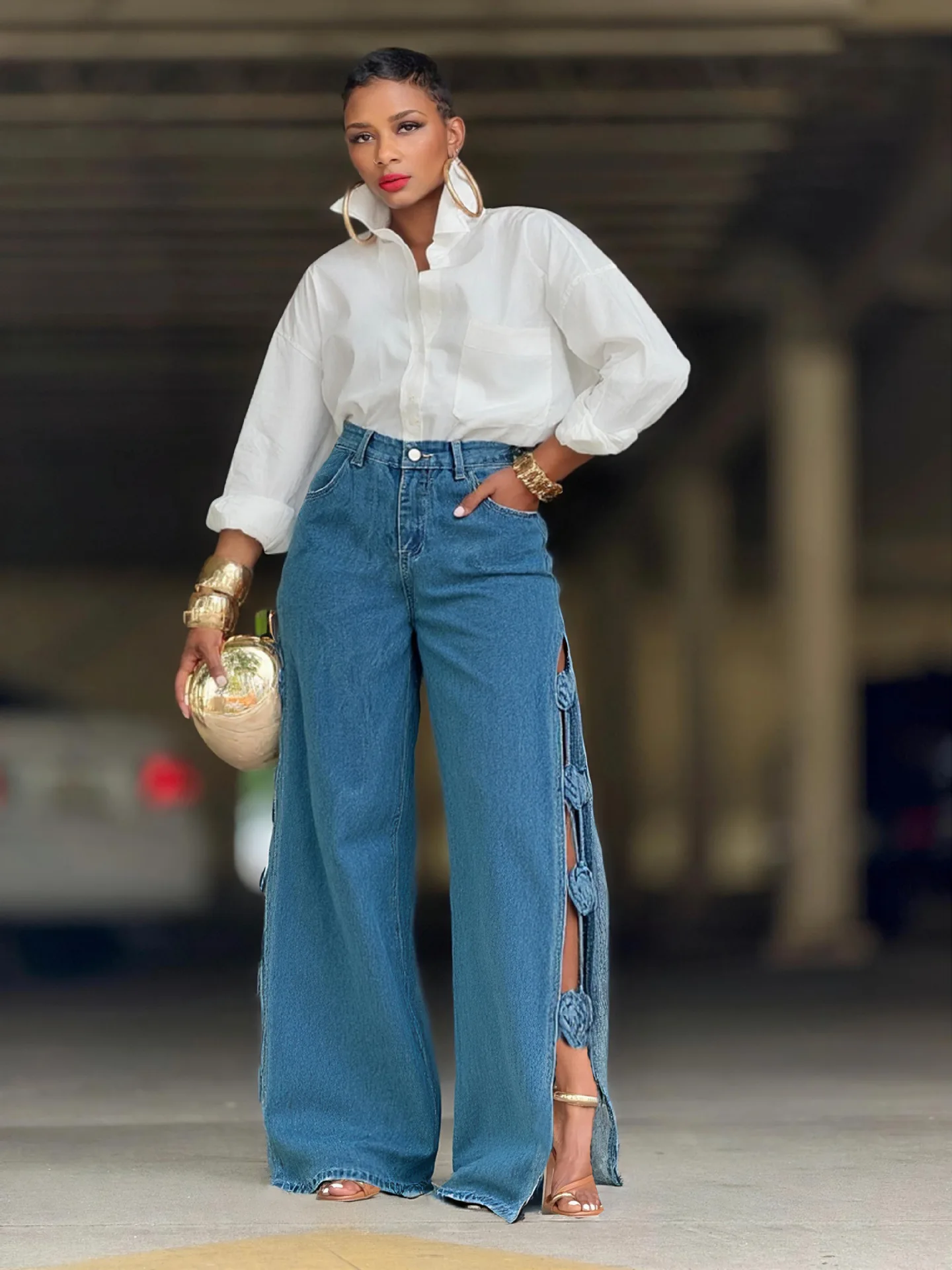 Denim Jeans Women Cut Out Side Slit Pants 3D Rose Zipper Fly High Waist Full Lenth Wide Leg Pant Y2K Streetwear 2025 Summer