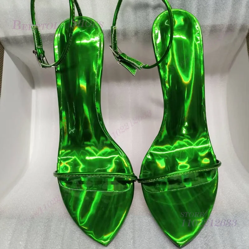 

Green Mirrored Metallic Shiny Sandals Thin Straps Open Heels Girl Fuchsia Party Stiletto Pointed Toe Purple Slingback Women Shoe