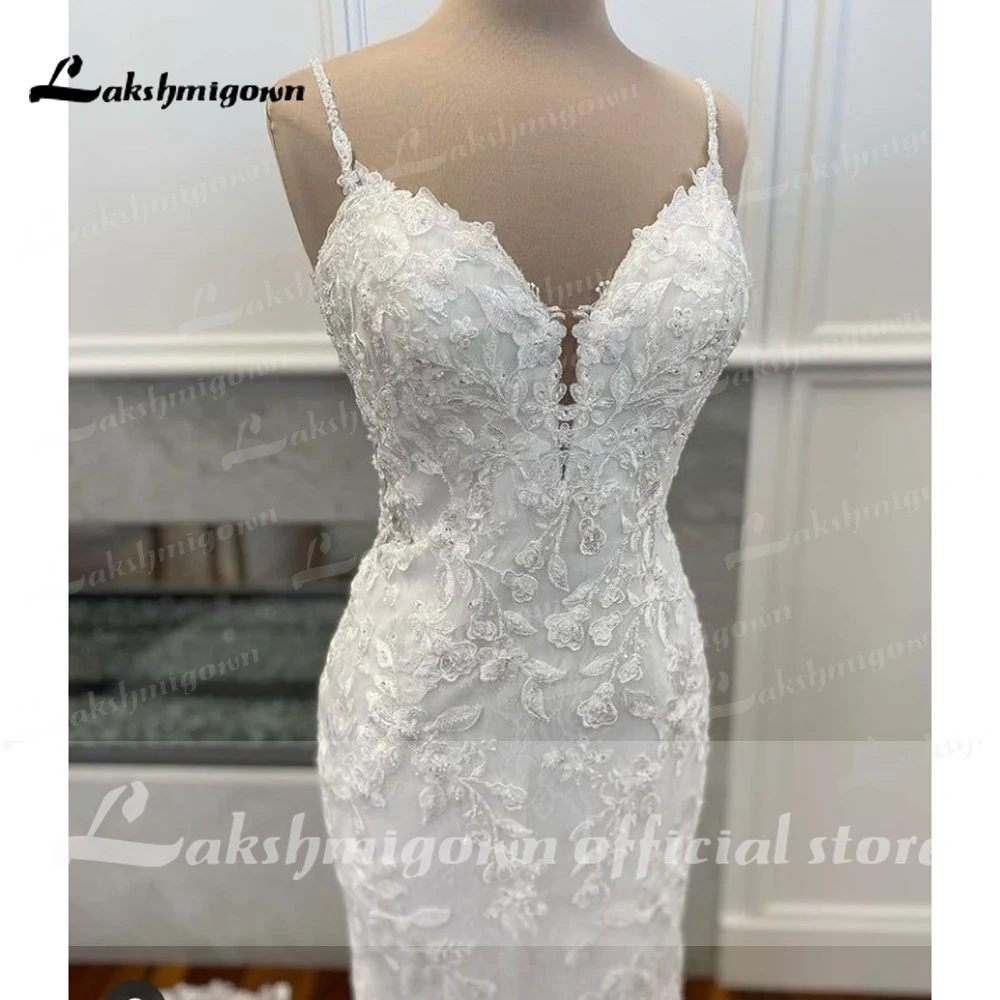 Lakshmigown alças de espaguete renda sereia vestidos de casamento frisado apliques capela trem vestidos de casamento de luxo para mulher