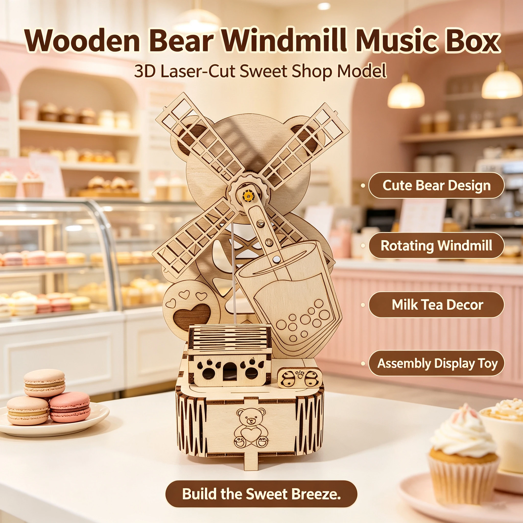 DIY Bear Bubble Tea Windmill Gear Music Box 3D Wooden Puzzle Kit
