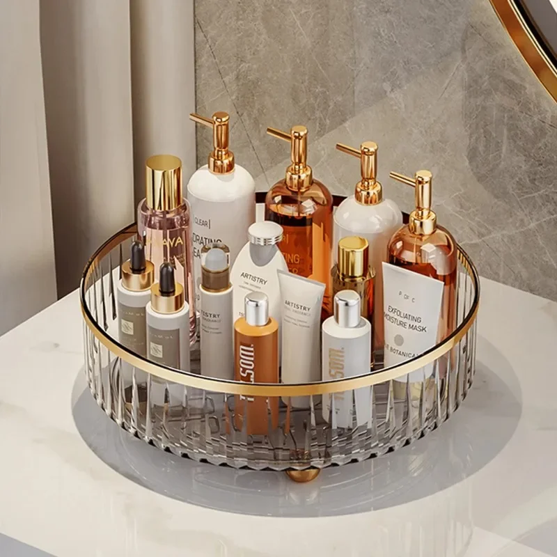 

Rotating Perfume Organizer For Dresser Light Luxury Skincare Cosmetic Organizer PET Bathroom Storage Tray