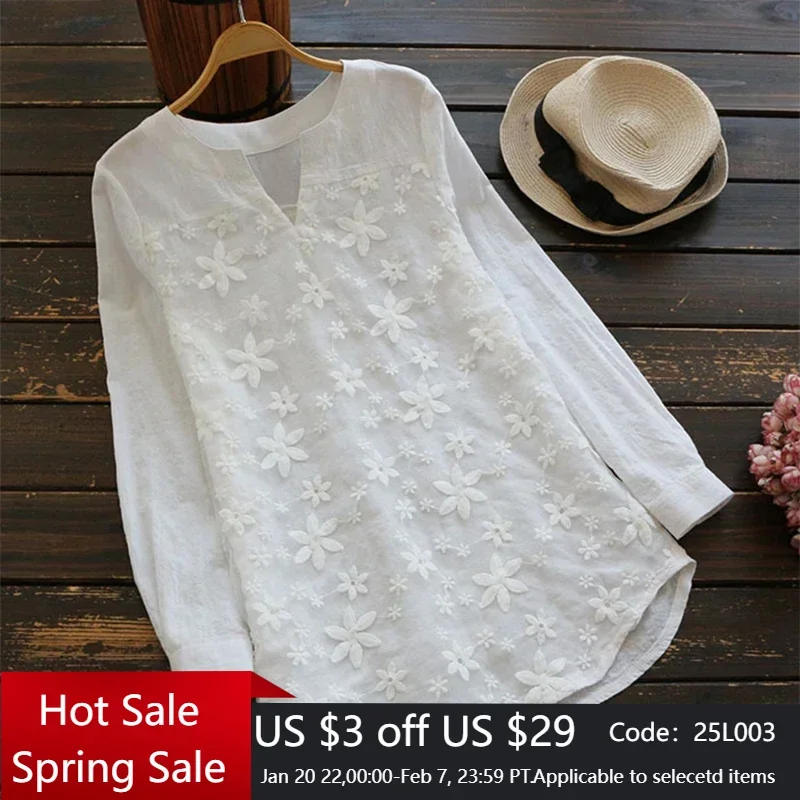 Embroidery Lace Cotton Linen Casual Women Blouse Fashion Loose White Elegant Shirt Plus Size V Neck Tops Long Sleeve S-5XL