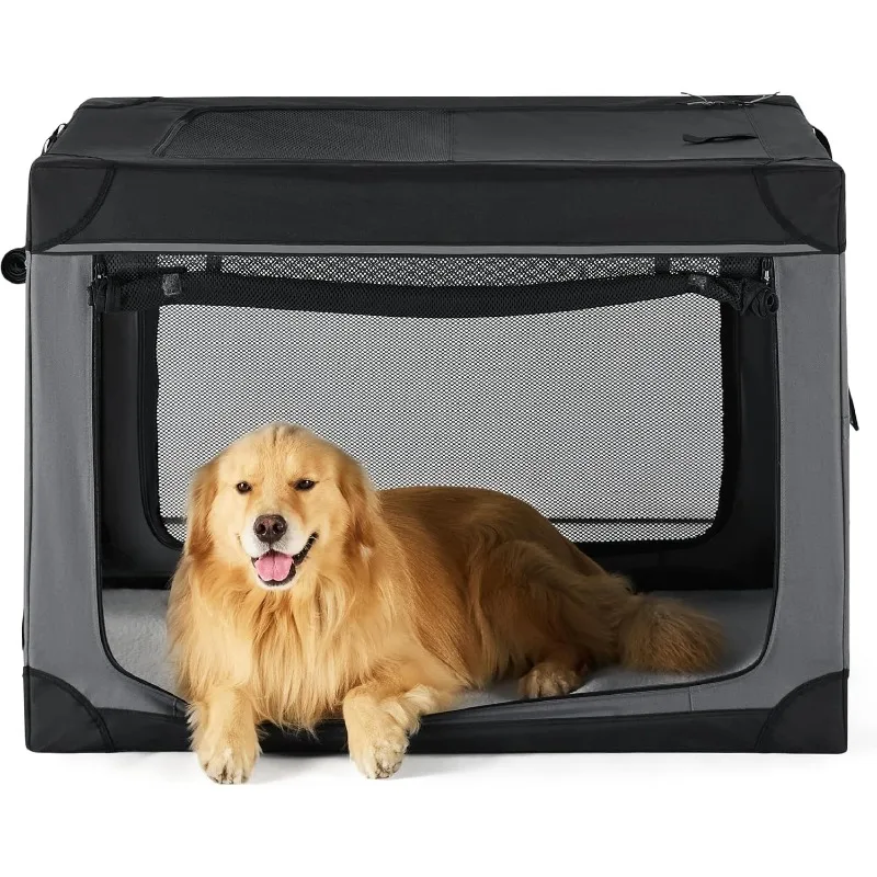 ZZH صندوق كلب ناعم قابل للطي - صندوق سفر محمول مقاس 42 بوصة للكلاب الكبيرة جدًا داخليًا وخارجيًا، بيت حيوانات أليفة قابل للطي بأربعة أبواب