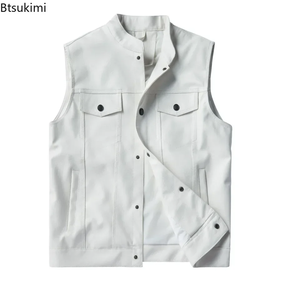 2025 Men's Trendy Solid Faux Leather Vest Motorcycle Stand Collar Sleeveless PU Leather Vest Jacket Multi-pocket Punk Vest Coats