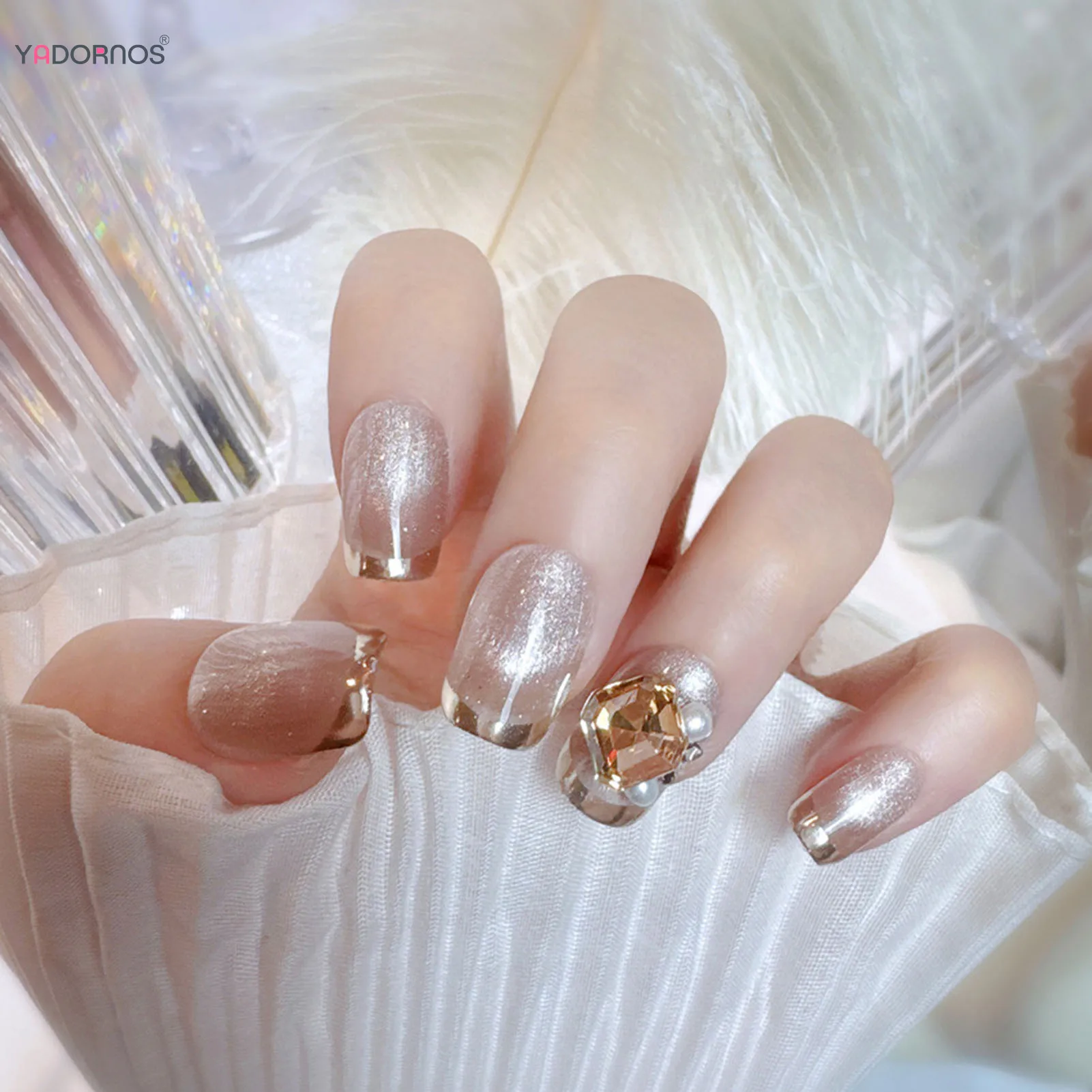 Handmade Press on Nails Cat's Eyes Fake Nails Silver French Style False Nails Tips Glitter Rhinestone Design DIY Manicure 10Pcso