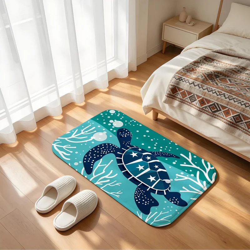 Teal Sea Turtle Star Print Doormat Non Slip Absorbent Floor Mat Beach Style Entry Floor Rug
