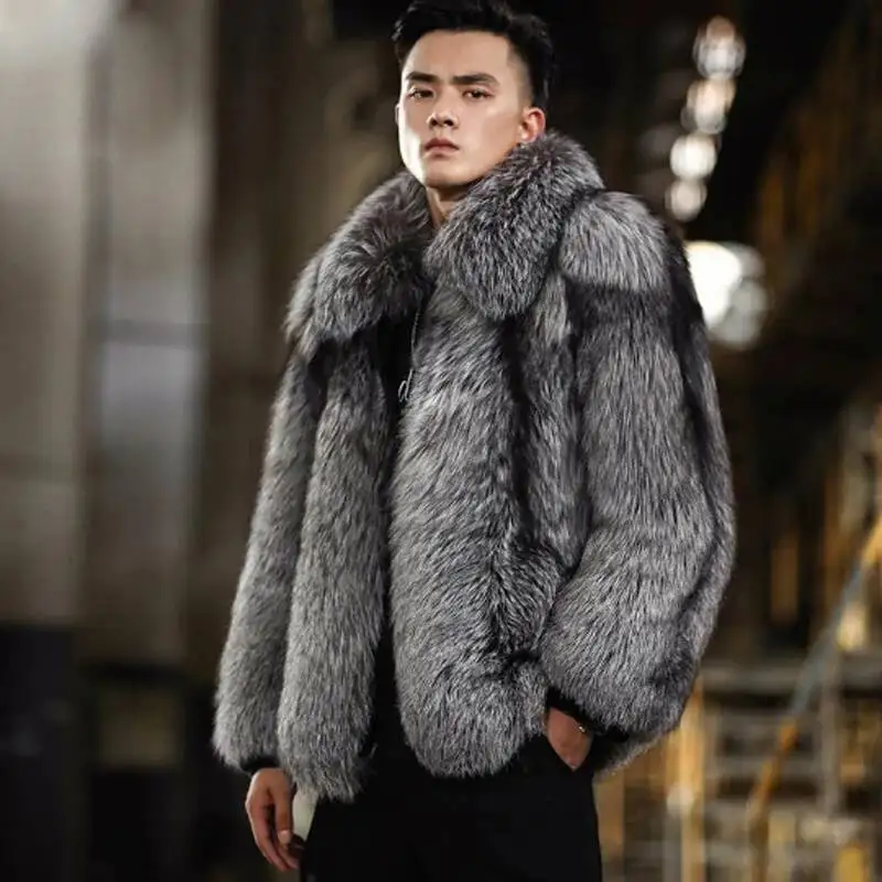 New Hair Imitation Fur Grass Short Style Autumn And Winter Warmth Silver Fox Coat Men's Leather Jacket