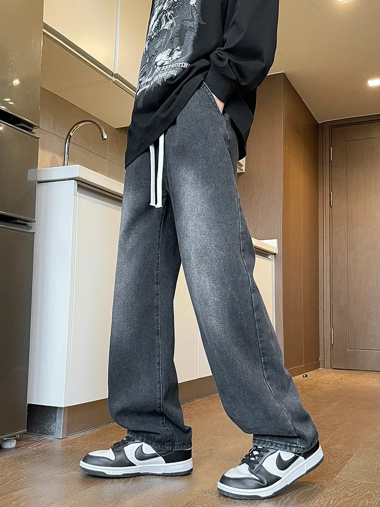 2025 pantalones vaqueros de pierna semianchos para primavera y verano para hombre, pantalones vaqueros informales de algodón lavados a la moda coreana, Pantalones rectos negros y azules