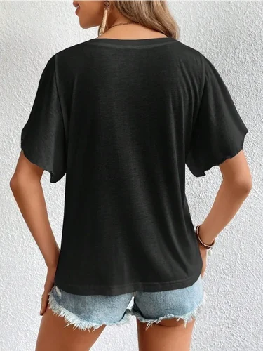Imagen 2 del producto Camiseta veraniega de manga corta para mujer, camisa holgada, versátil, de Color sólido, elegante, con Manga mariposa, informal, con cuello en V