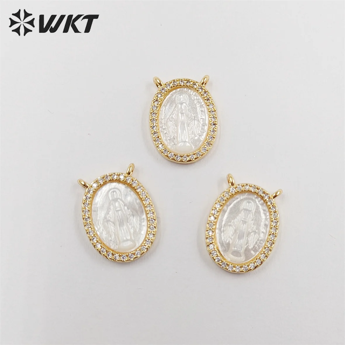 WT-JP329 Newest lovely Micropave cubic zircon shell Miraculous medal pendant MOP double loops Religious Guadalupe pendant