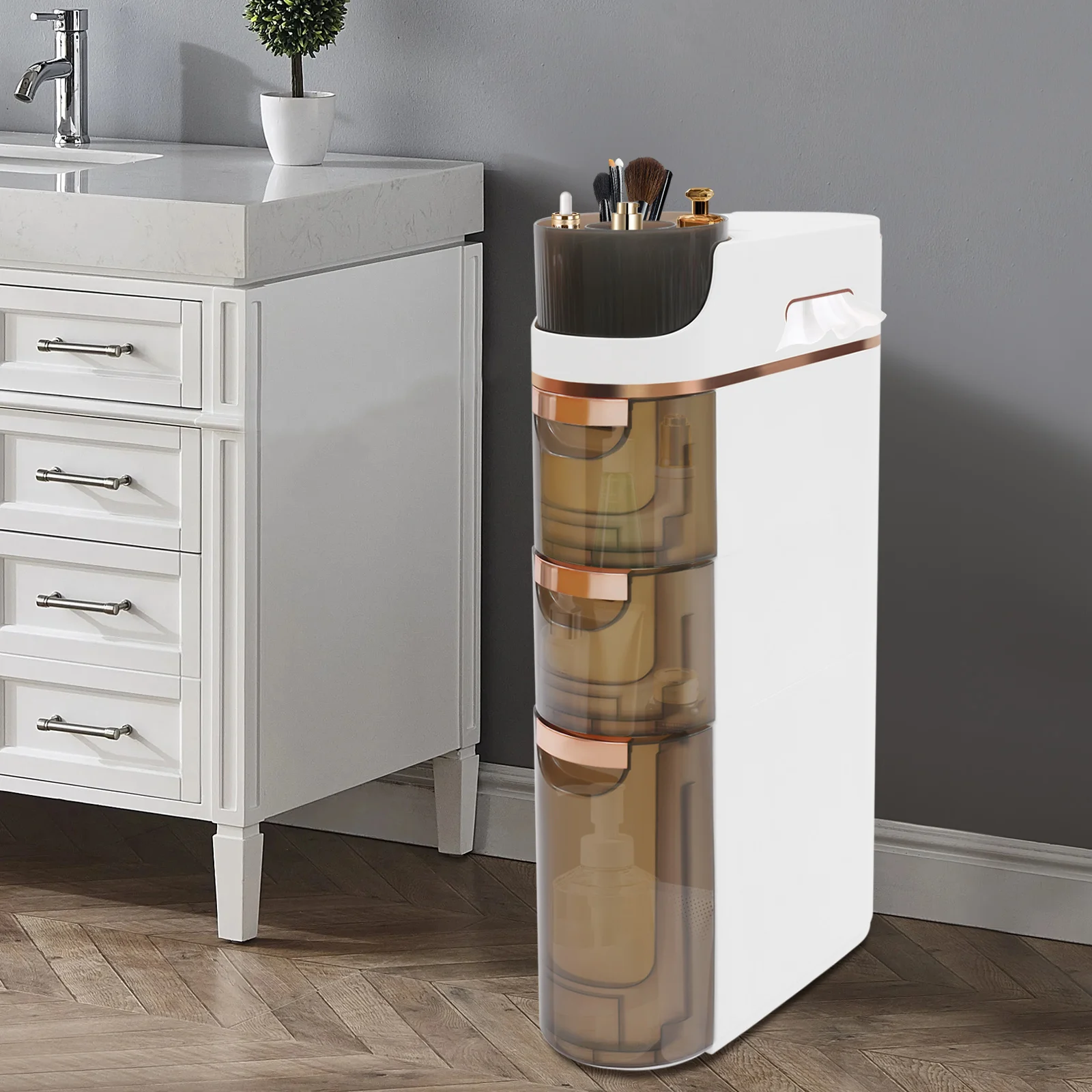 

Modern PP Plastic 3-Tier Slim Storage Cabinet with Drawers for Office, Space-Saving Bathroom & Bedroom Organizer (25kg Capacity)