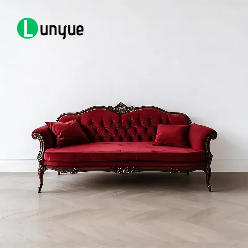 American Solid Wood Carved Floral 3 Seater Red Velvet Sofa Medieval Retro Style High End Living Room Villa Hotel Furniture