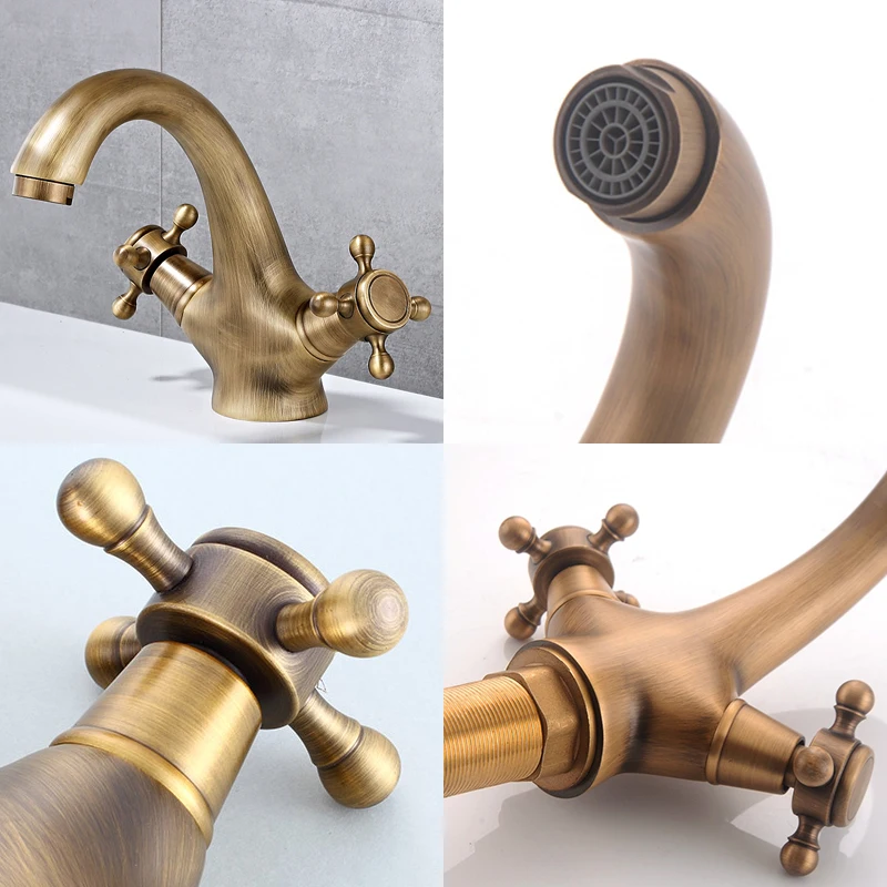 Antique Faucet Hot and Cold Water Crane Bronze Brushed Sink Faucet Black Bathroom Swan Vintage Basin Sink Mixer Crane 7422