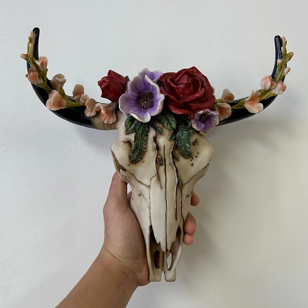 Nature Skull Cow Head Wall Hanging Pendant Treant Rose Flower Totem Longhorn Bull Skull Ornament Art Crafts OX Figurines Decors