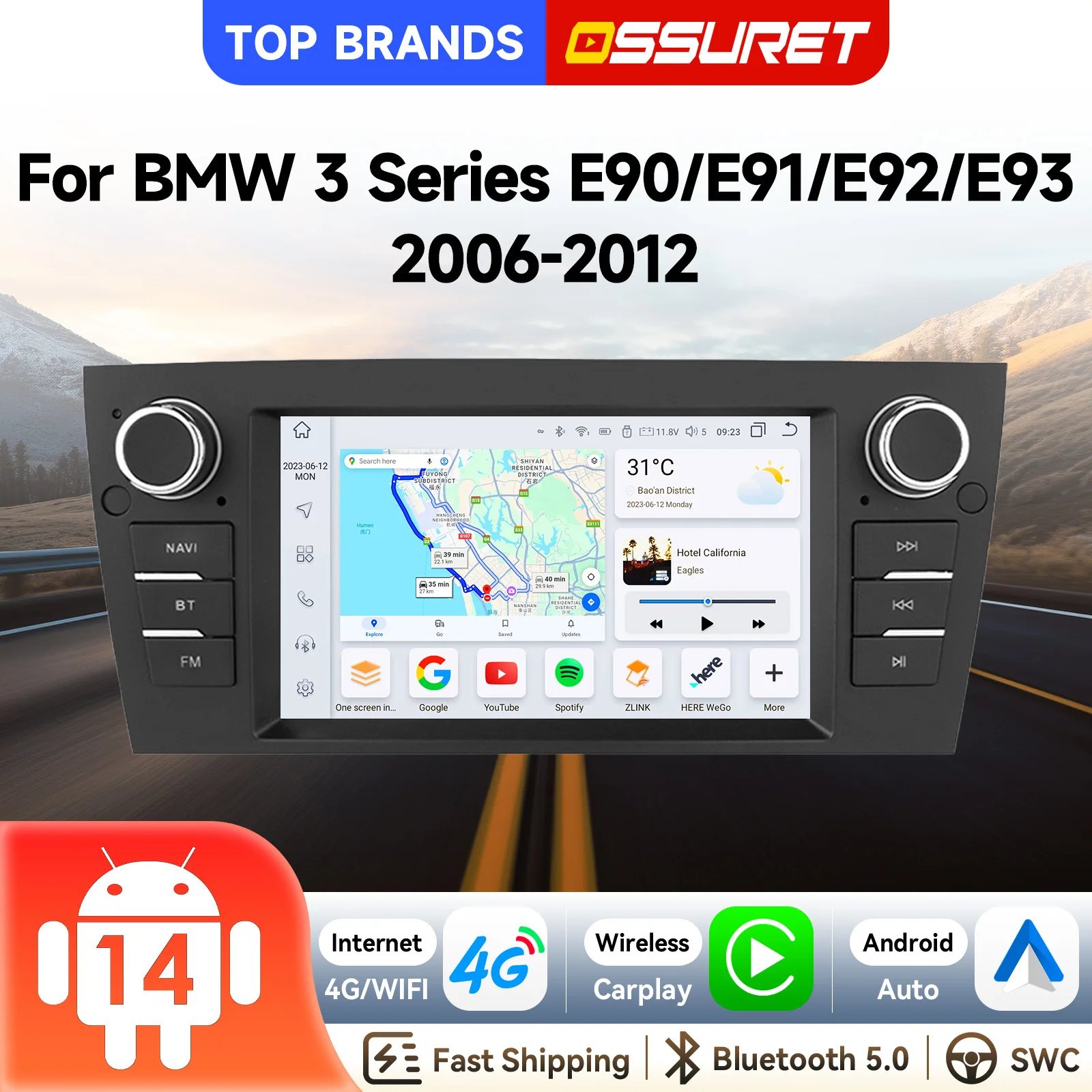 Autoradio 7'' Android 15, autoradio pour BMW Série 3 E90/E91/E92/E93 2006-2012, écran intelligent, Bluetooth, GPS, navigation, radio, lecteur vidéo intelligent 7862, Carplay sans fil, Android Auto, WiFi, 4G, unité AI, AHD, FM, AM, RDS, DSP, audio, plug&play, lecteur multimédia pour voiture