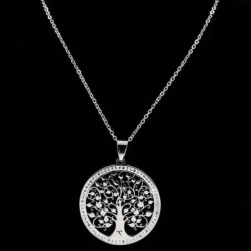 Tree of Life Crystal Stainless Steel Statement Necklace Women Silver Color Necklace Jewelry Christmas Gift collar mujer N49S03