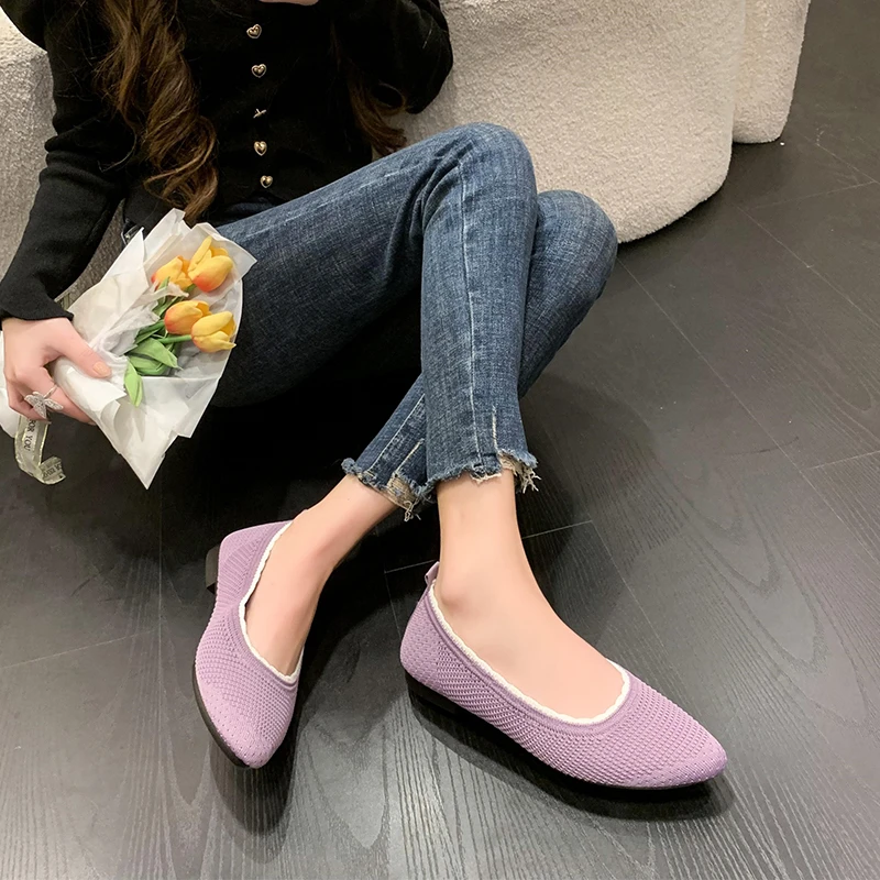 2024 Spring and Autumn Season New Round Head Mesh Weaving Surface Light Mouth Solid Color External Wear Women's Single Shoes